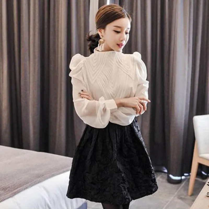 

Women Blouse 2019 New Korean Stand Collar Long Lantern Sleeved White Shirts Elegant Chiffon Blouse Fashion OL Feminie Tops