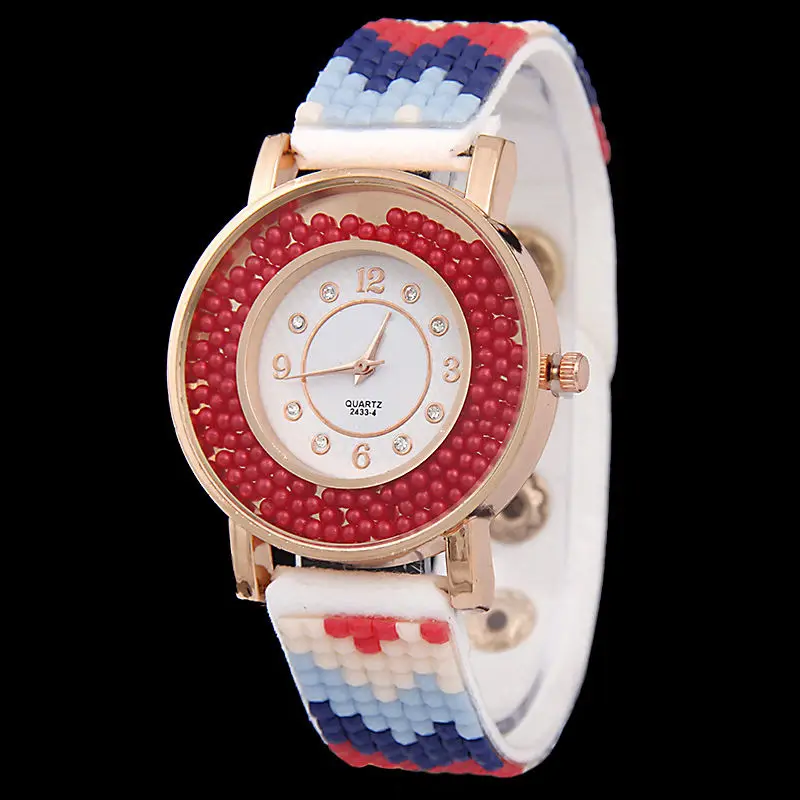 

Women Quartz Watch Rhinestone Acrylic Beads Quicksand Mosaic Band Dress Watch