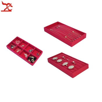 

Fine Jewelry Display Case 3Pcs Rose Red Velvet Ring Chain Compartment Necklace Organizer Storage Tray Set 11*22*2.5cm