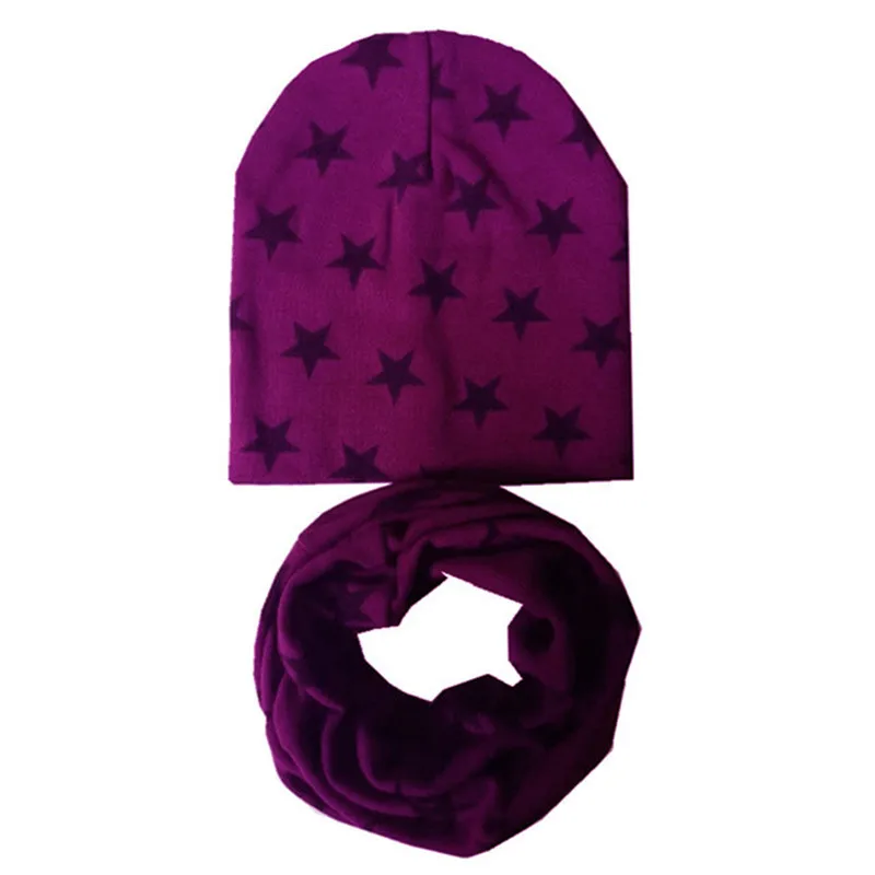 1 компл., хлопковая детская шапка и шарф, Кепки для мальчиков, зимний шарф для девочек, теплый шейный платок, детский шарф, круглый воротник, детская шапка, шарф, комплект - Цвет: full star purple