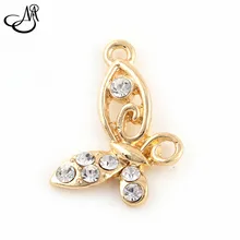 50pcs/lot Gold/ Silver Plated Crystal Butterfly Dangling Bracelet Charms DIY Jewelry Making FA424