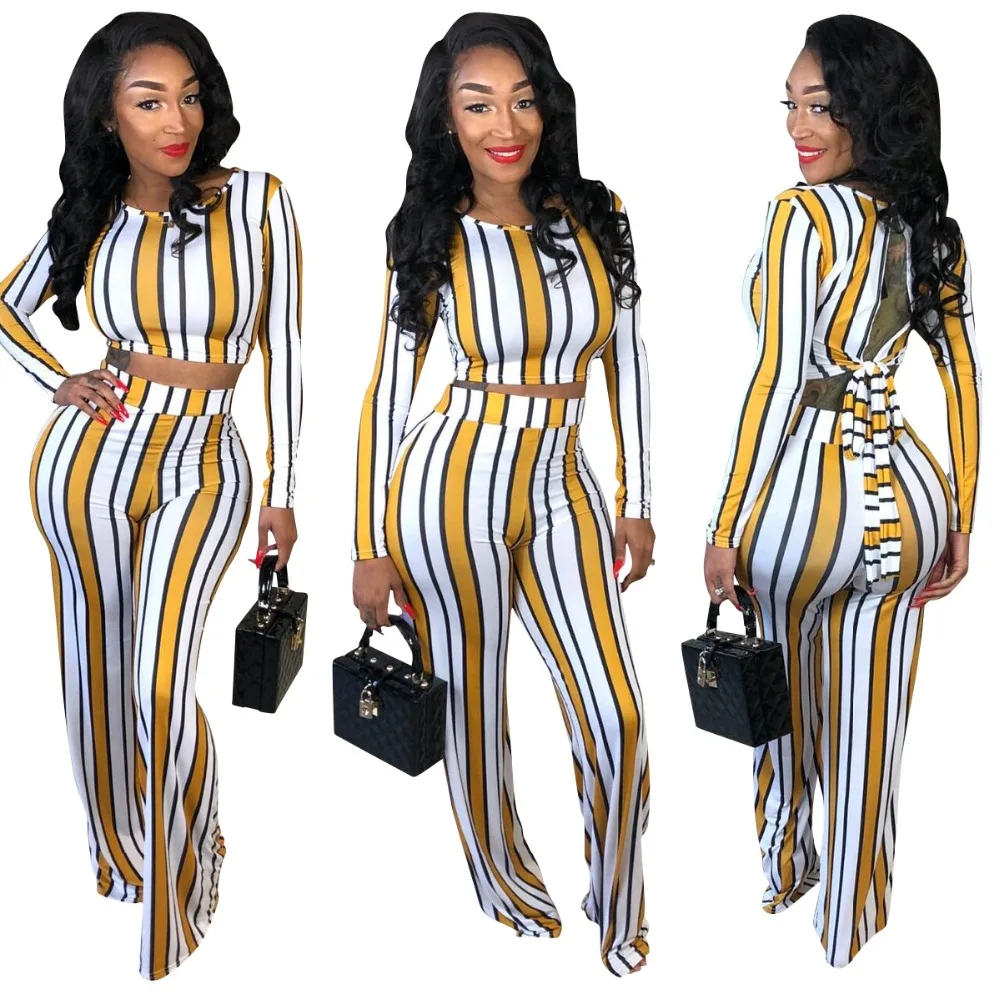 

New 2019 Ladies Long Sleeve Two Piece Set Spring Autumn Striped Backless Sexy 2 Piece Set Female Top And Pants Sets Work Ladies