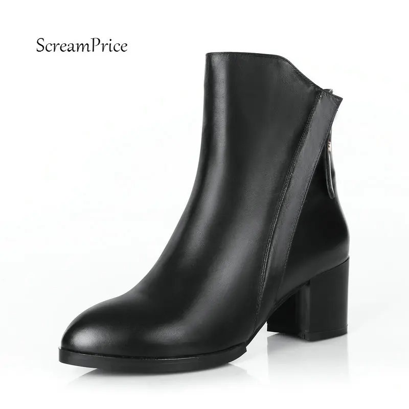 

Ladies Genuine Leather Comfort Low Heel Ankle Boots Fashion Round Toe Zipper Winter Bootie Black