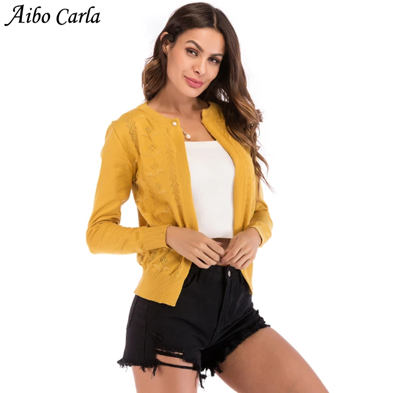 2018 Hollow Out Cardigans Female Imitation Pearls Single Button Slim