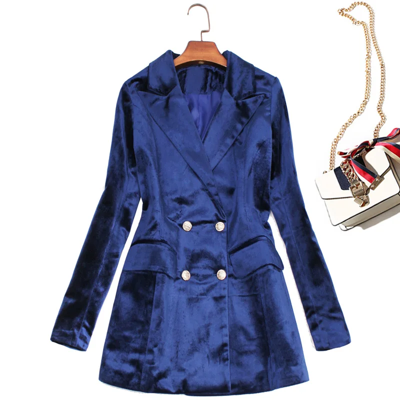 Velvet Pants Suit Women Elegant Autumn Winter Luxury Brand Jacket+Pants Set For Wedding Formal Office Ladies Business Wear Blue