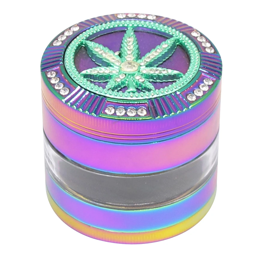 

63MM Rainbow Crystal Hemp Leaf Icon Inlaid With Transparent Storage Layer Zinc Custom Metal Smoke Herb Grinder Weed