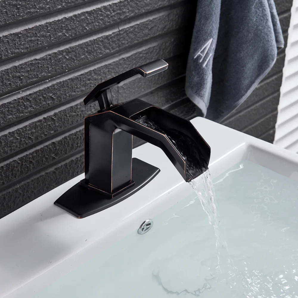 

New Black Bronze Bathroom Basin Sink Faucet Waterfall Vanity Sink Mixer Tap Single Handle W/ 6" Square Plate Deck Mounted