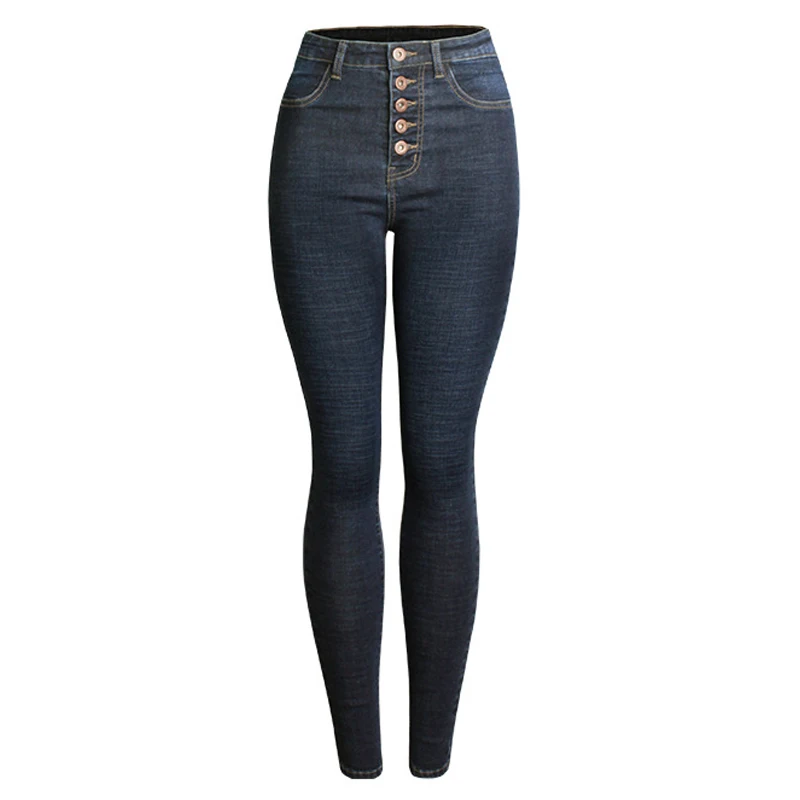 Джинсы без застежки с высокой талией, женские брюки-карандаш, Капри с двойной пуговицей, однобортные, пуш-ап, женские джинсовые брюки, облегающие, размера плюс - Цвет: Dark Blue