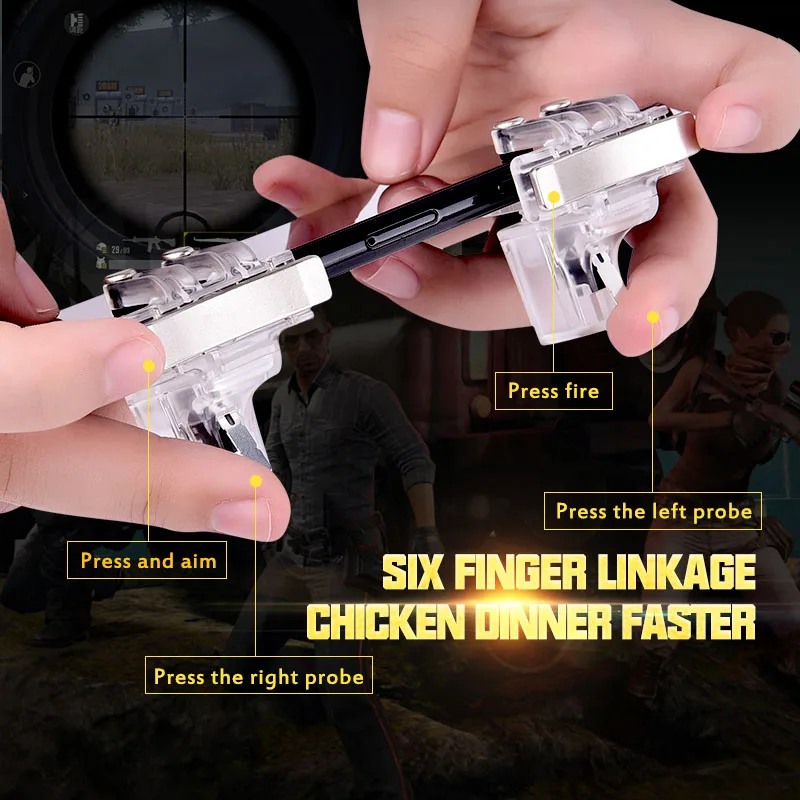 Goedkoop Mobiele Telefoon Universele Game Trigger 2 stks Fire Knop Doel Sleutel Joysticks L1R1 Controller Zes vinger Bediening Voor iPhone android