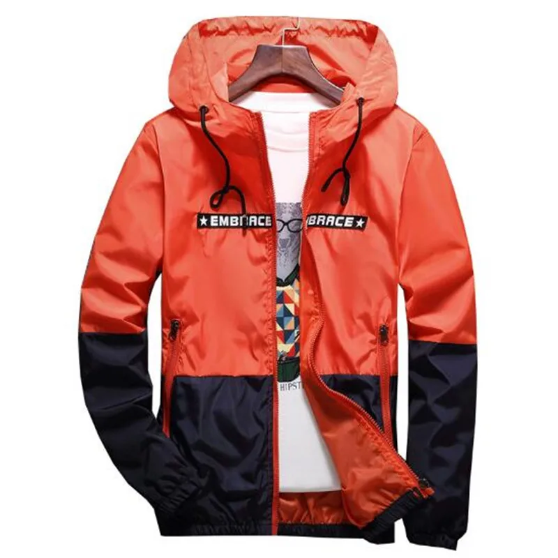 Новая весенне-осенняя куртка-бомбер с капюшоном, мужская повседневная тонкая Лоскутная мужская куртка-ветровка, верхняя одежда на молнии, тонкое пальто, брендовая одежда - Цвет: Кораллово-Красный