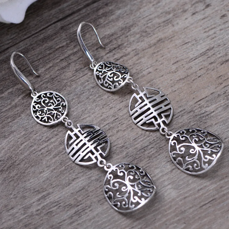 

925 Sterling Silver Long Hollow Double Happiness Drop Earring Women Thai Silver Gift Brincos Aretes Jewelry CH039809