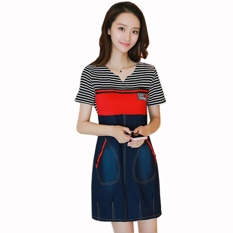 

Summer Women Stitching Denim Dress Short-sleeved Female Dresses Jeans Retro Sexy Jeans Ladies Denim Dress Vestido Plus Size 5xl