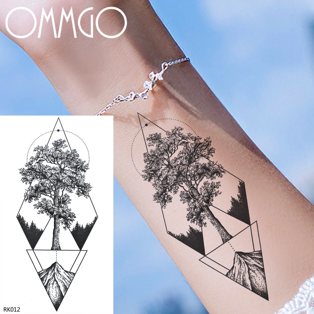 Tatouage Arbre De Vie Geometrique OMMGO Autocollants de Tatouage Temporaire Géométrique, Losange Enrichi,  Arbre, Triangle Noir, Montagne, Faux Tatouages, Étanche, Bras, Art Corporel  | AliExpress