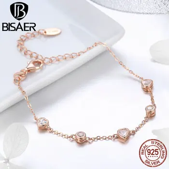 

BISAER Authentic 925 Sterling Silver Chain Link Heart Gold Color Heart Women Bracelets Sterling Silver Jewelry Pulseira ECB097