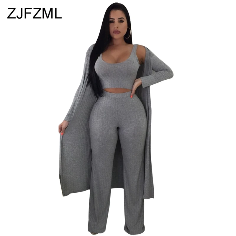 ZJFZML плюс размеры повседневное комплект из 3 предметов женская одежда осень зима Длинные Макси Открыть стежка и повязки короткий топ