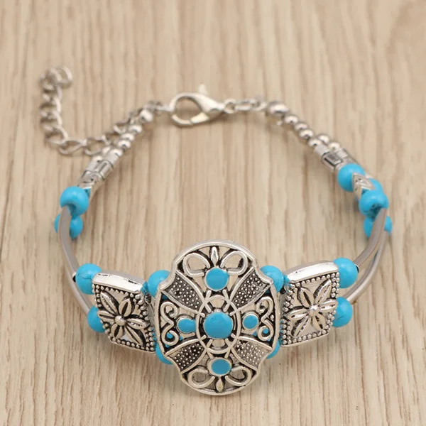 Tenande Boho цыганский натуральный камень бусины Цветок Браслеты винтажные резные браслеты и браслет для женщин племенные ювелирные изделия - Окраска металла: Blue