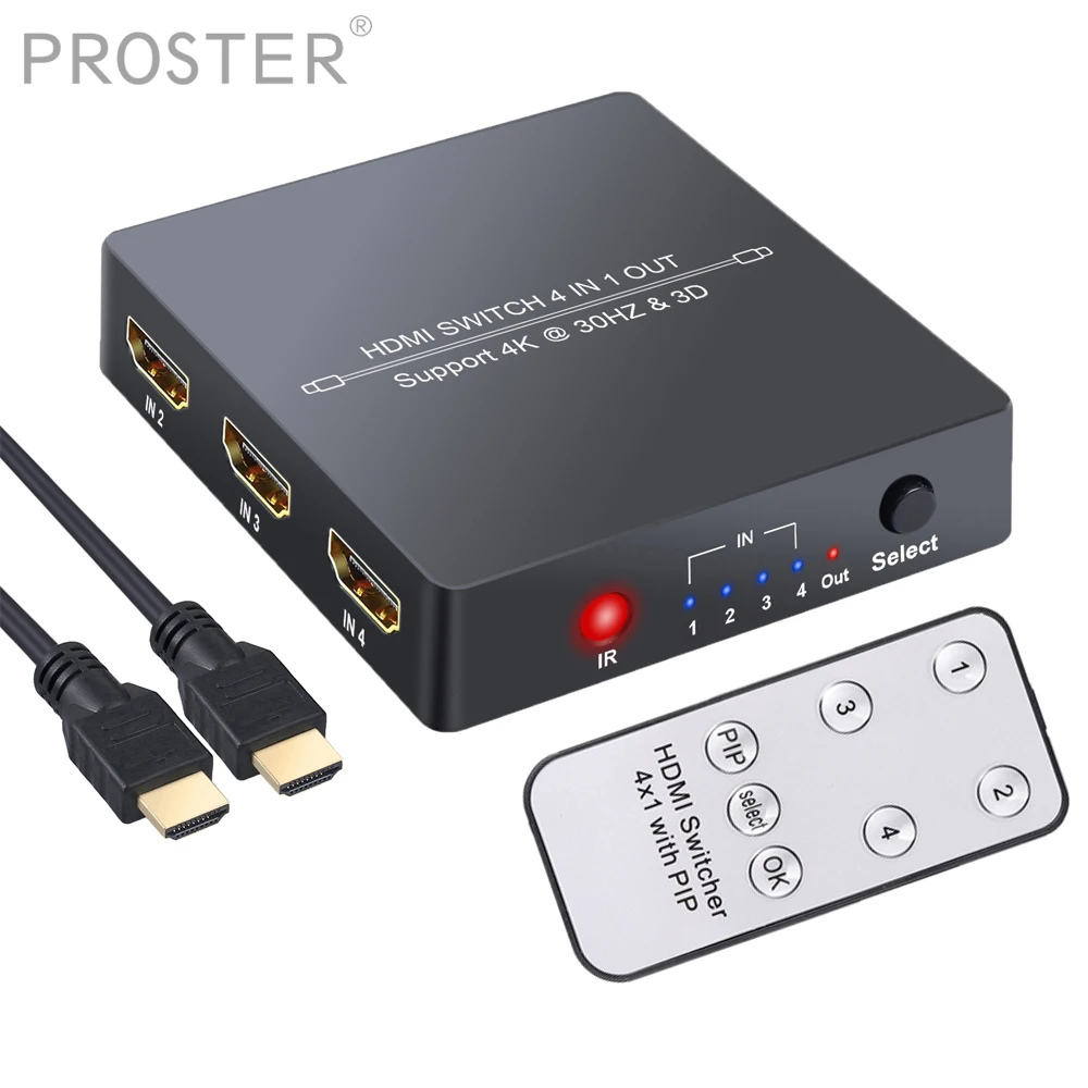 

Proster 4 Port HDMI Switch HDMI Switcher with PIP Function HDMI Hub 4 In 1 Out with IR Remote Support 4K 3D with HDMI 1.4 Cable