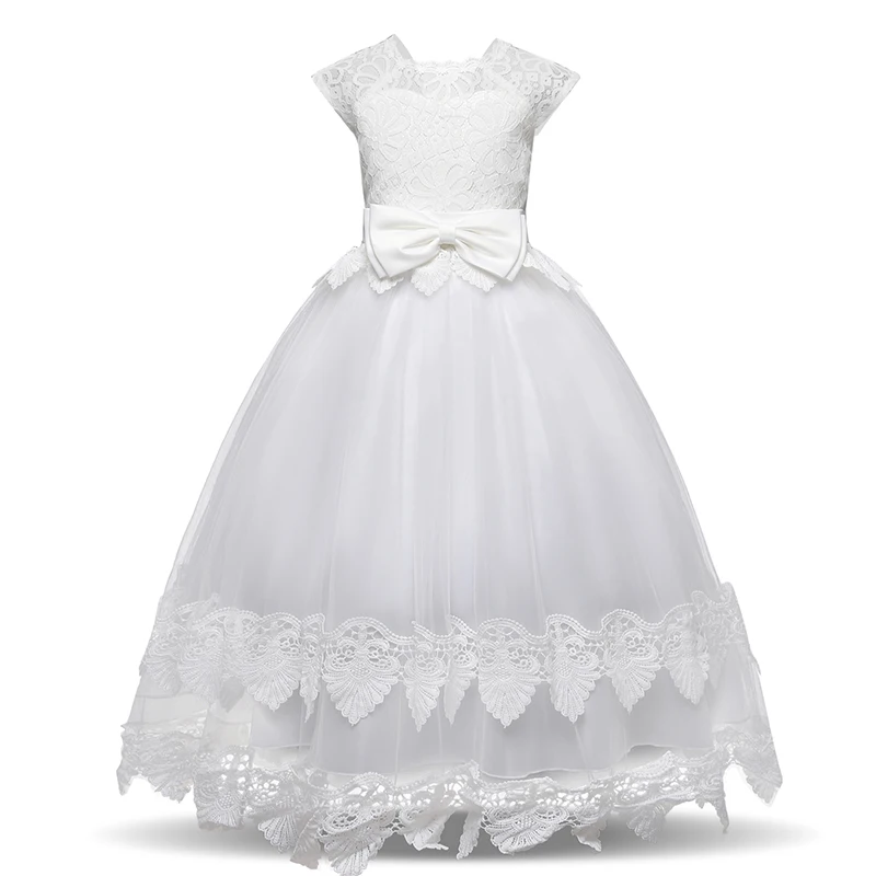 Летнее белое кружевное торжественное платье Детские вечерние платья с вышитыми цветами для малышей Детское платье принцессы на юбилей для подростков для детей возрастом от 6 до 14 лет - Цвет: White