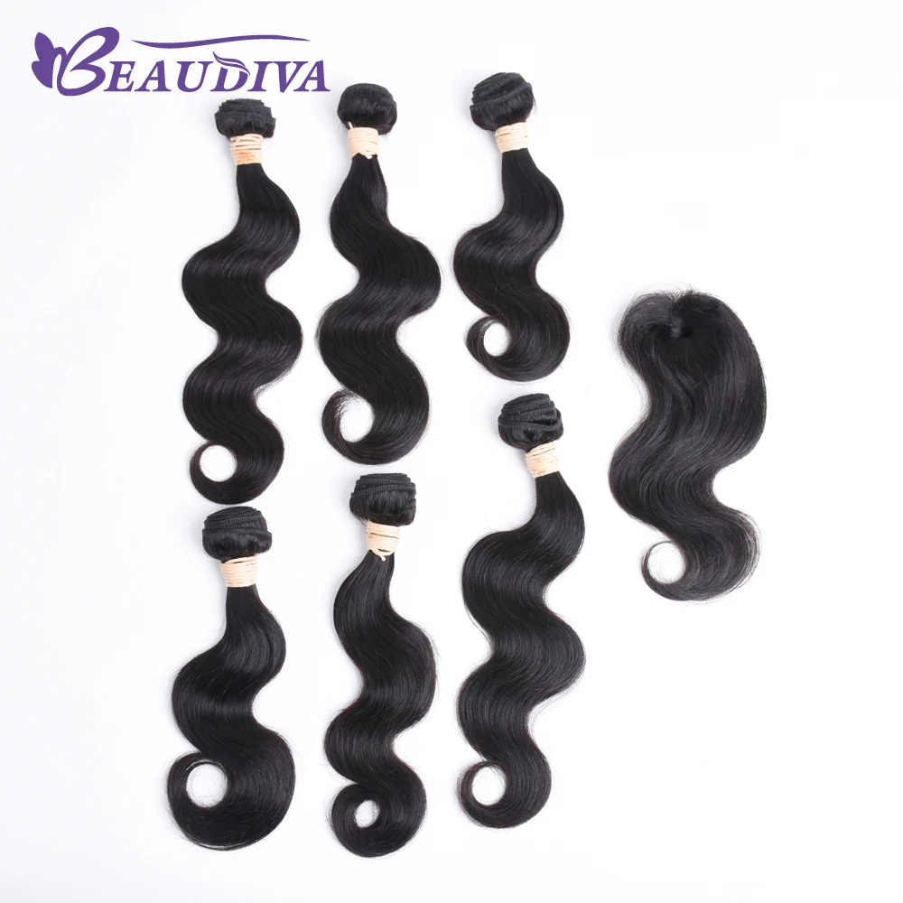 BEAUDIVA Pre-Colored 1B# Natural Black Color Body Wave 6 Bundles With Top Closure Bralizilian Human Hair 180-210g Non Remy brazilian-body-wave-closure