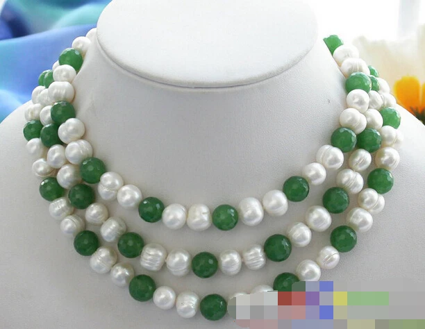 

06948 white round pearl green jade bead NECKLACE