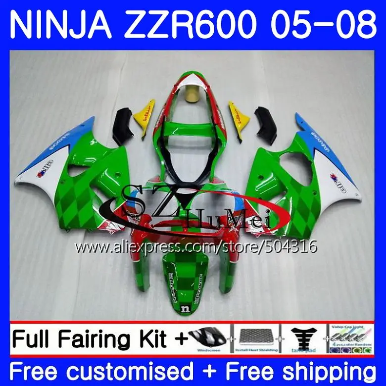 

Bodywork For KAWASAKI NINJA ZZR-600 ZX 600CC ZX600CC 14NO.1 ZZR 600 05 06 07 08 ZZR600 2005 2006 2007 2008 Fairings Green white