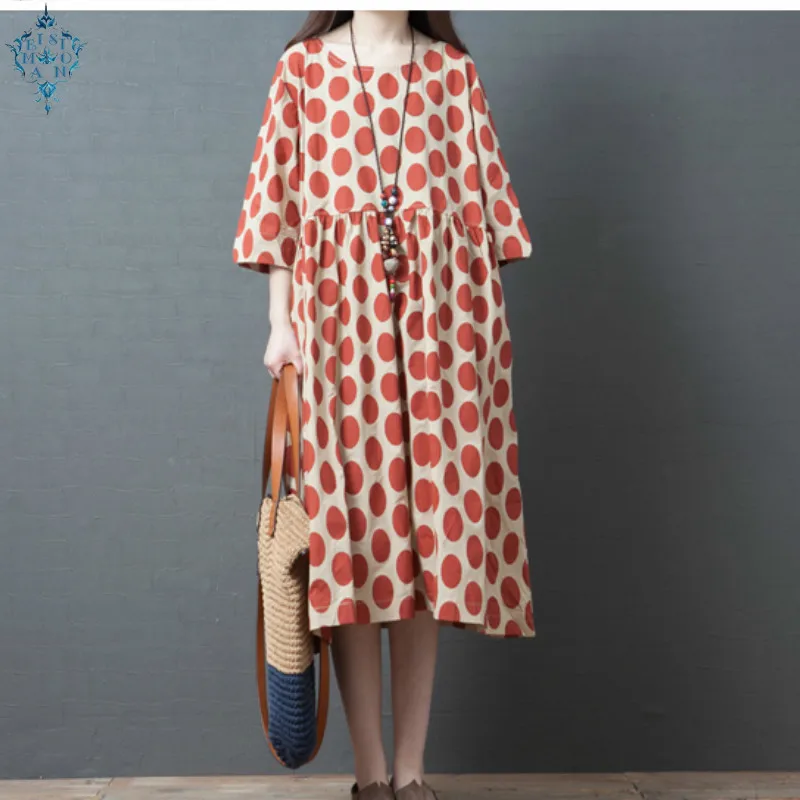 

Ameision 2019 New Summer dresses Loose Ladies Vintage Dot Printing Cotton Linen Stylish comfortable loose long dress Vestidos