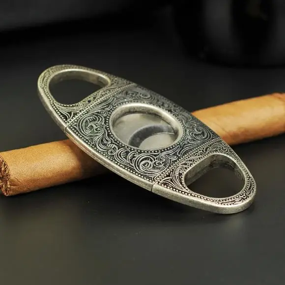 Новая портативная сигара ножницы Каттер для сигар из нержавеющей стали двойной край набор машинка для резки табака резные - Цвет: silver