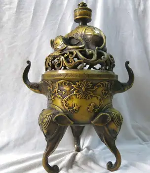 

free shipping 16" China pure brass fine workmanship carved Six elephant incense burner