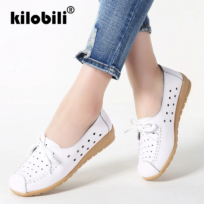 

kilobili 2019 Summer Women Flats Shoes Women Genuine Leather Shoes Female Cut Out Loafers Slip On Ballet Flats Ballerine Flats