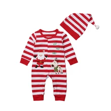 Детская Рождественская одежда наряды одежда для малышей мальчиков и девочек цельный полосатый комбинезон+ шапка одежда 2 шт. комплект одежды 0-24 м