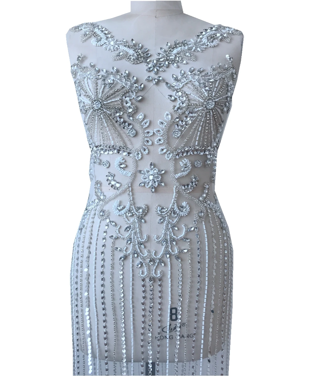 

New Design Silver Full Length Luxurious Body Hand-made Rhinestone Applique sew on crystal trim patches