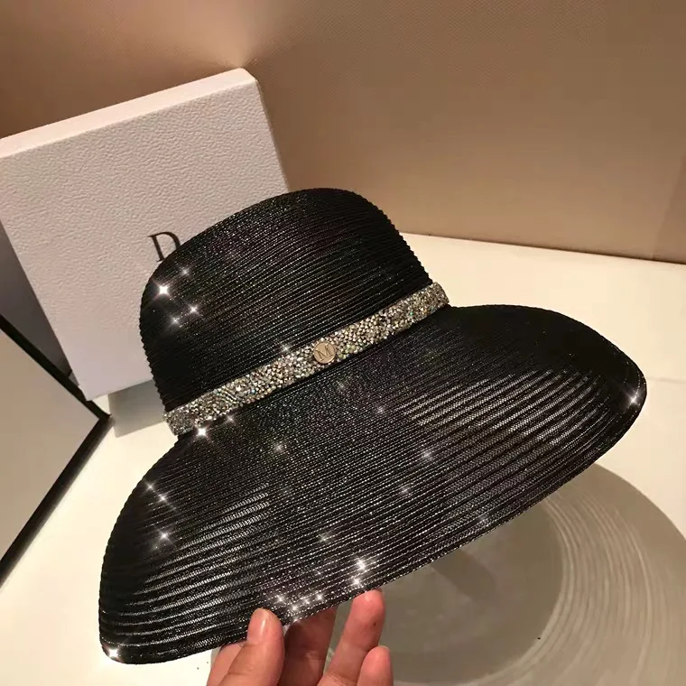 Summer Elegant Wide Brim Beach Hat Hepburn Style Rhinestone Belt Sun Hats Female Foldable UV Protection Sun Visor Caps