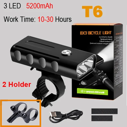 NEWBOLER 5200mAh Bike Light Kit T6 L2 Flashlight For Bicycle 2400 Lumen Led Lantern USB Headlight Mount Bracket Cycle Fornt Lamp - Цвет: T6 10 hour 2 holder