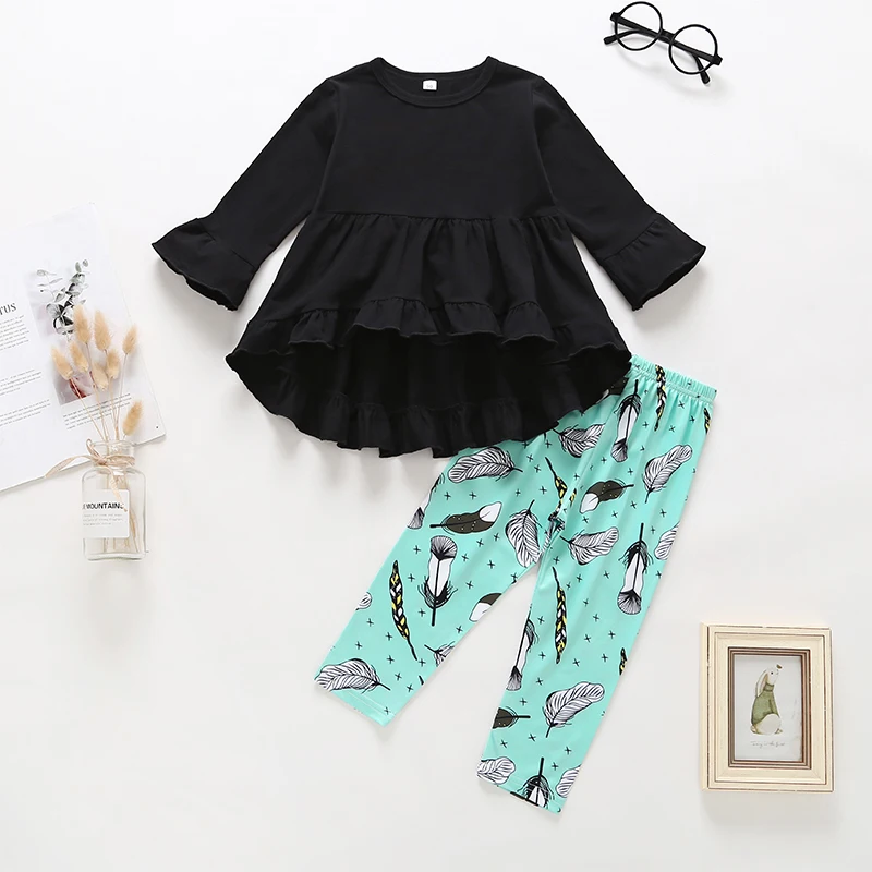 

2019 new spring and autumn 100%cotton baby girl clothes black long-sleeve A-line big swing + feather print trousers 2-piece set