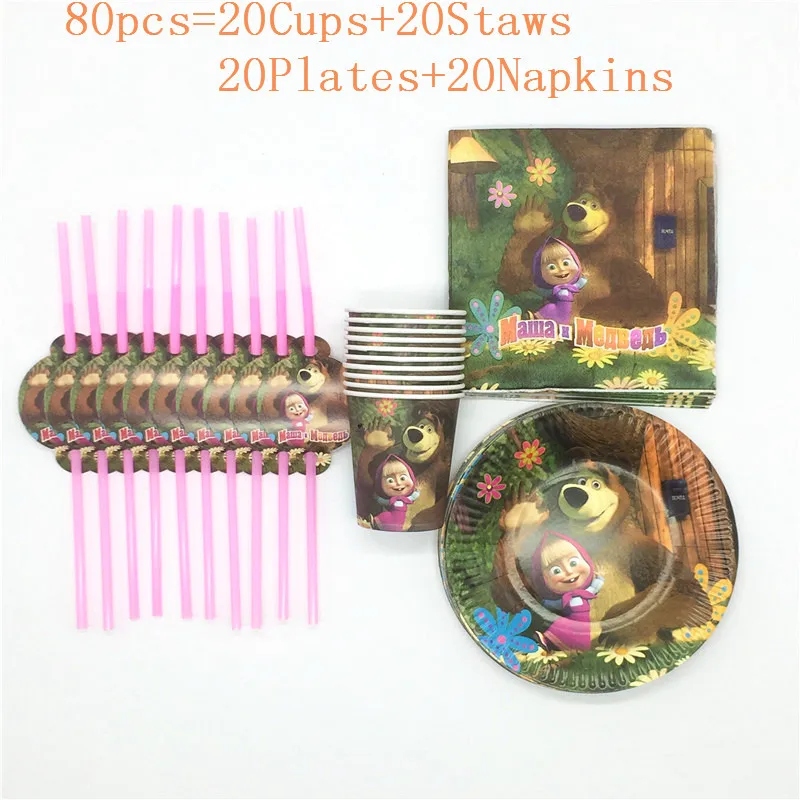

Masha and Bear Theme Design 80Pcs/50Pcs Disposable Tableware Sets Girls Birthday Party Wedding Decoration Family Party Supplies