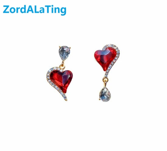 

S925 silver New fashion red heart Korean rhinestone simple earrings for women temperament asymmetric pendant simple earring