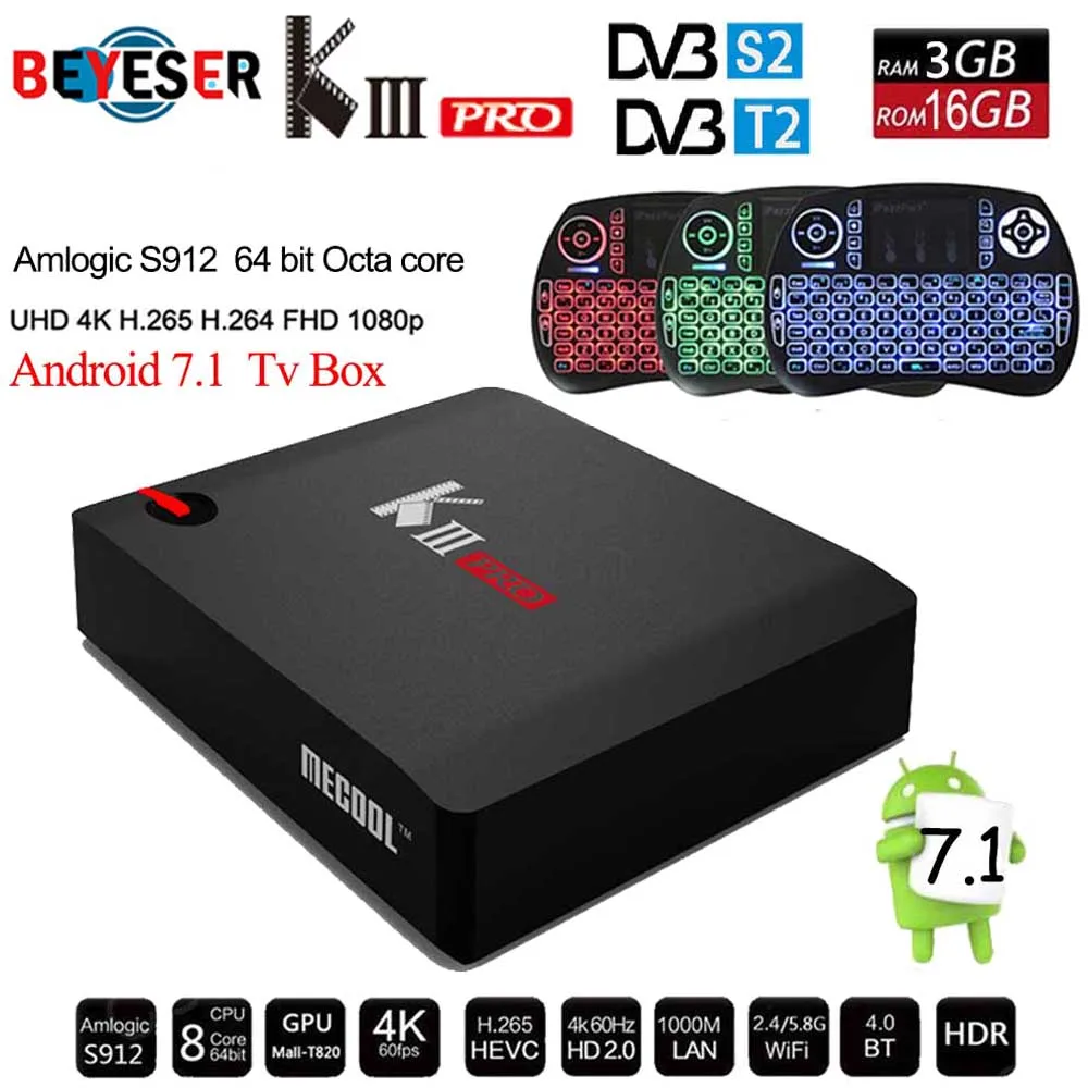 

Original MECOOL KIII PRO Android 7.1 TV Box DVB T2 DVB S2 DVB C 3G/16G Smart Media Player Amlogic S912 Octa Core 2.4G/5G Wifi 4K