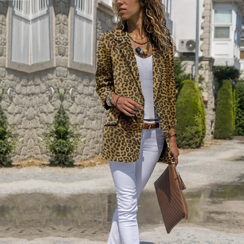 

Fashion Leopard Printed Slim Ladies Blazer Casual Open Front Outerwear Coat Autumn Women Blazer Plus Size Blazers and Jackets