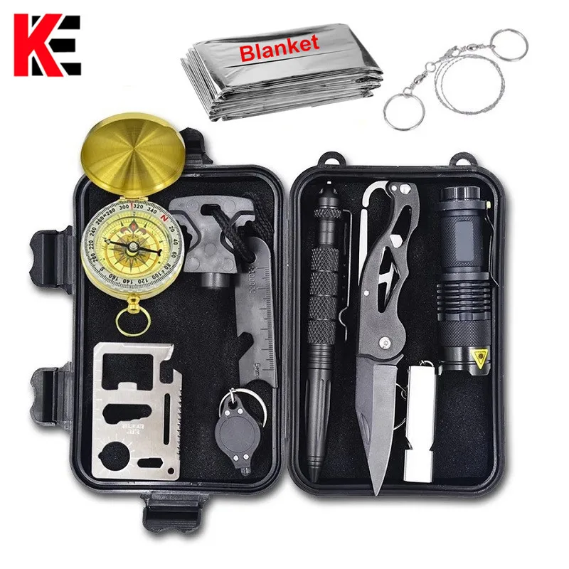 

Emergency Survival Gear Multi Tool Survival Kit Waterproof First Aid Kit Outdoor Camping Hike SOS Whistle Flashlight Knife
