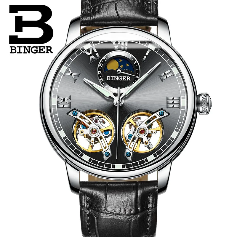 Double tourbillon Luxury Men watch Automatic mechanical Watch BINGER Famous Brand Watch Gold Case Blue Dial Double relogio - Цвет: 07