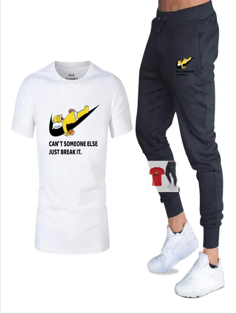 Летние популярные мужские комплекты, новые футболки с принтом Симпсона + штаны, комплекты из двух предметов, повседневный спортивный