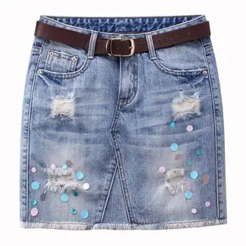 

Summer 2017 Women Ripped Hole Tassel Washed Bleached Glitter Blue Denim Skirt , Casual Sequin Female Woman Slim Jeans Skirts