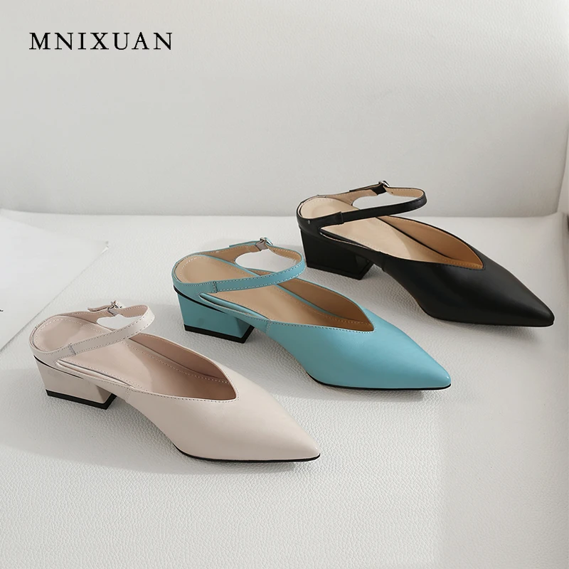 

MNIXUAN Fashion women pumps shoes height 4cm medium heels mules shoes 2019 new pointed toe leather office shoes big size 34-43