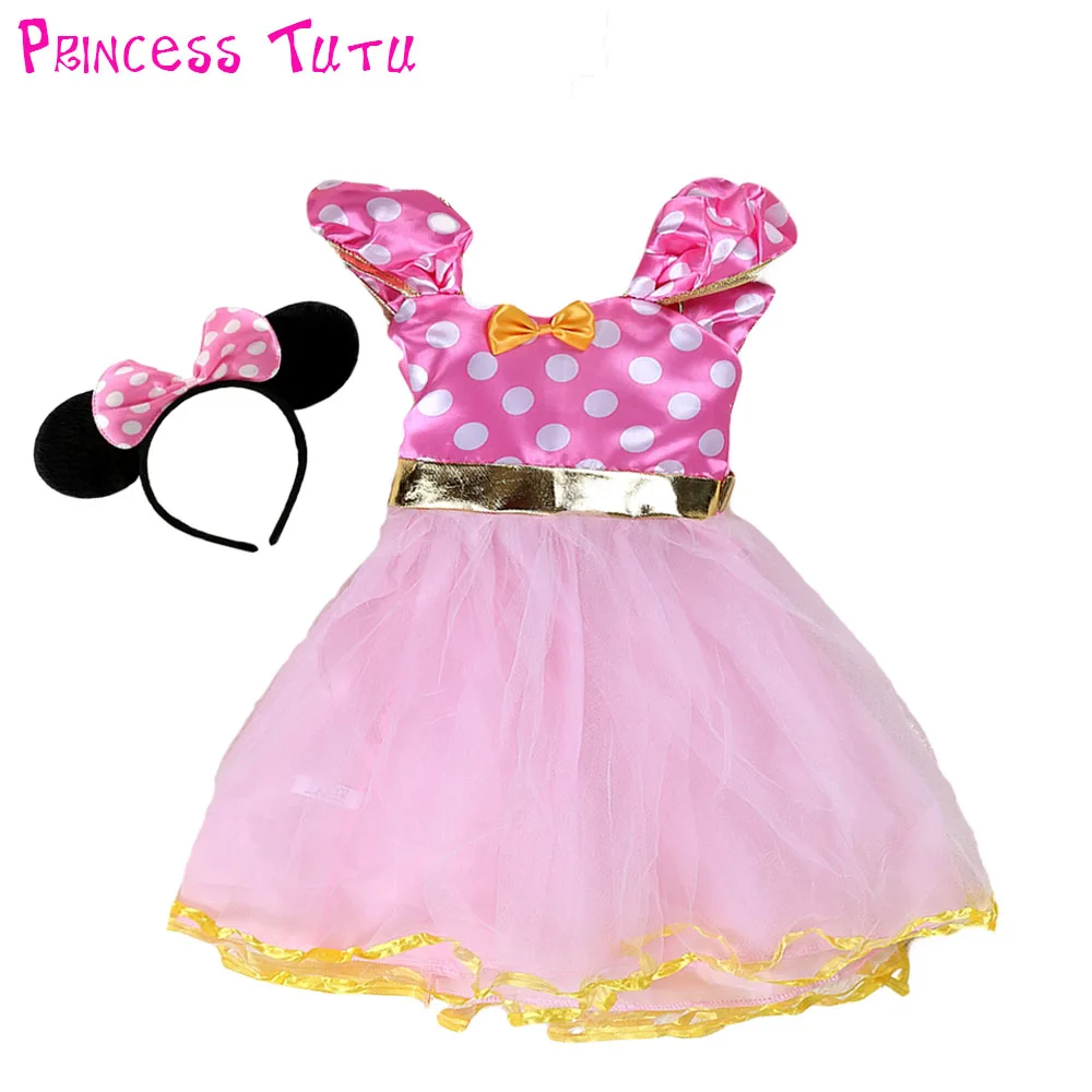 

Pink Cartoon Minnie Girl Dot tutu Dress and Headband Gold Yellow Bow Infant Toddler Girls Birthday Holidays Costume Dresses