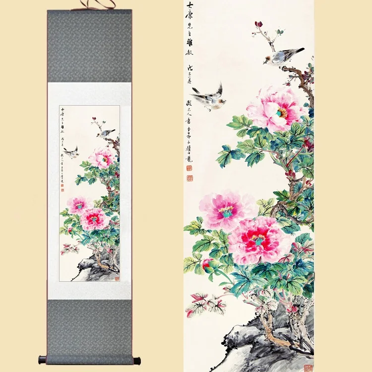 

Chinese Silk Watercolor Flower and birds rich peony print feng shui ink art wall picture damask framed scroll canvas painting