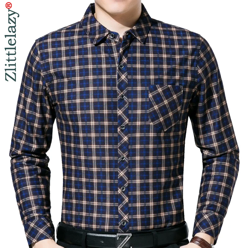 

2019 long sleeve dress clothes pocket plaid grid men shirt camisa social masculina streetwear mens shirts casual slim fit 2167