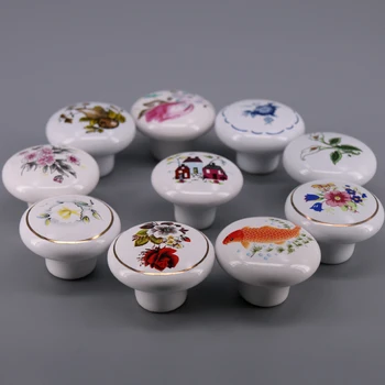 1pcs Flower printed Round Ceramic Kitchen Cabinet Knobs Handles Pastoral Cupboard Drawer Door Knobs Pulls Hardware