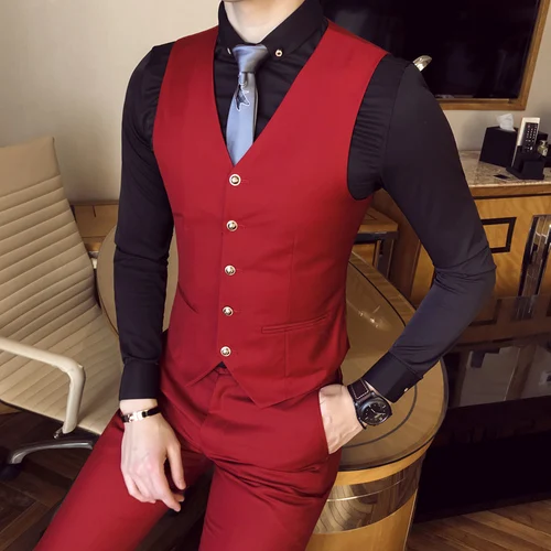 Однотонные мужские жилеты деловые Свадебные банкетные мужские платья жилет Азиатский размер XXL XXXL жилет для досуга мужской верх - Цвет: A red vests