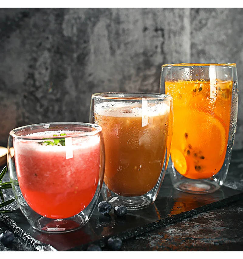 2Pcs Double Wall Glass Cups Coffee Tea Mug Set Drinkware Large Insulated Milk Juice Coffee Mug Clear Glasses Beer Cup Glassware (16-1)