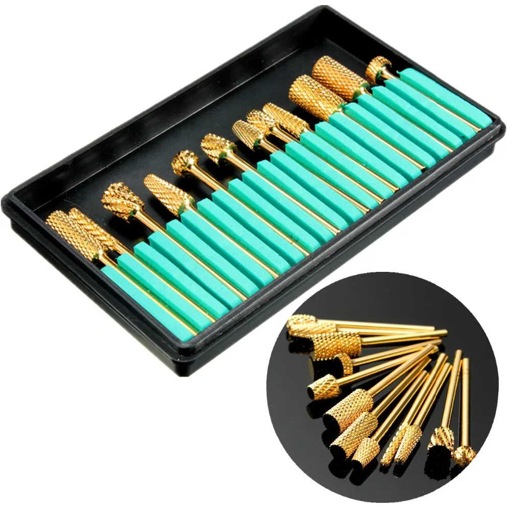 

12Pcs Electric Gold Aluminium Grinding Polishing Machine Manicure Pedicure Heads Nail Drill Bits Set